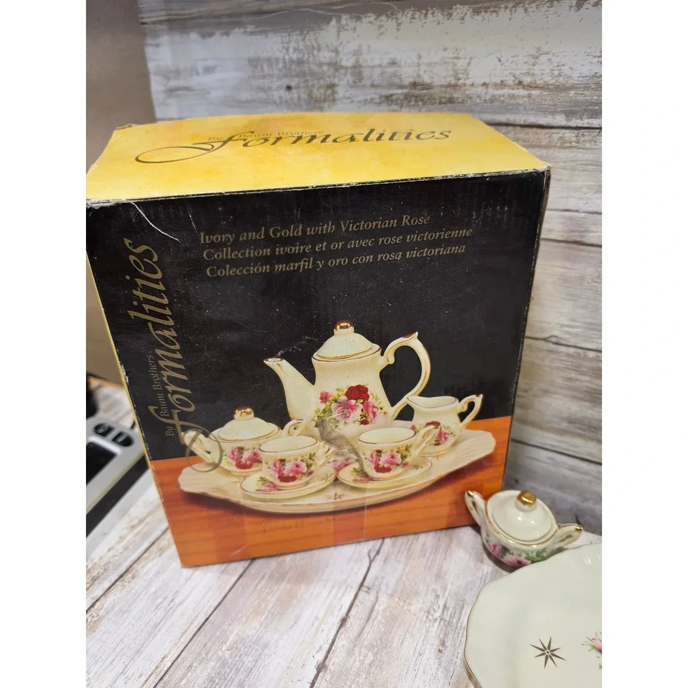 Formalities Baum Brothers Victorian Rose Miniature Tea Set Ivory Gold 9 pc. READ